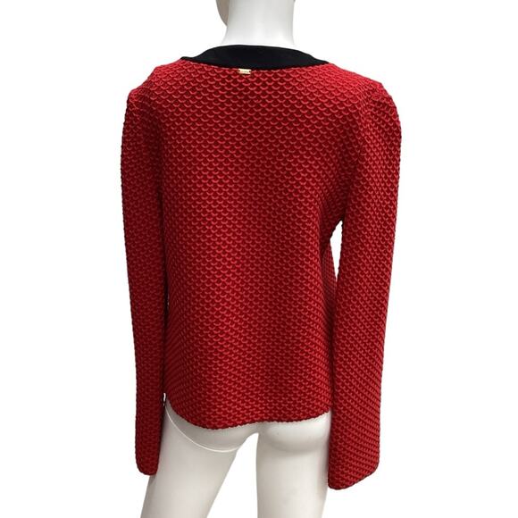 St. John Sport Women’s Cardigan Size 8 Fine Knit Zipper Faux Pockets Red & Black - Picture 4 of 5